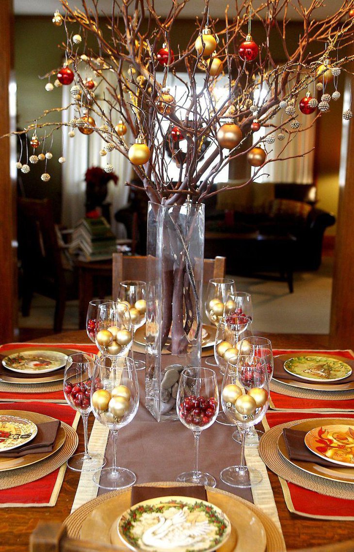 A natural twig centerpiece on holiday table