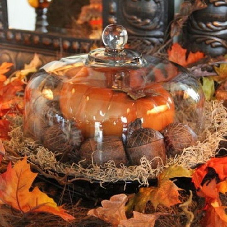 Acorn With Pumpkin and Fall Leaves as Table Centerpiece