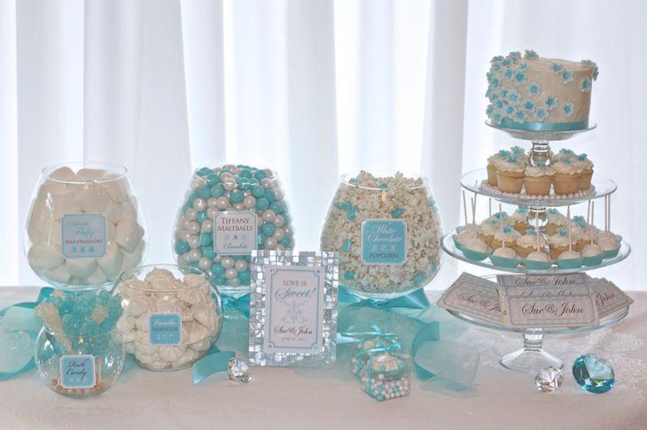 Adorable blue baby shower candy table for boy