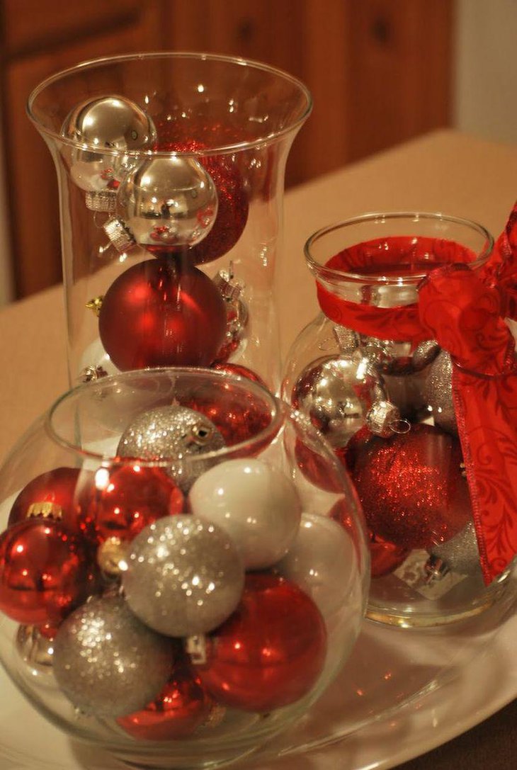 Alluring Christmas Table Decor With Glass Jars Filled With Red and Silver Baubles