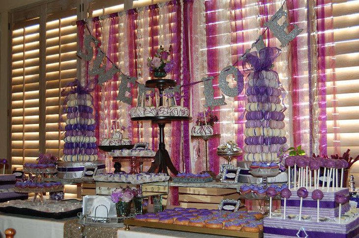 Alluring purple accented party dessert tablescape