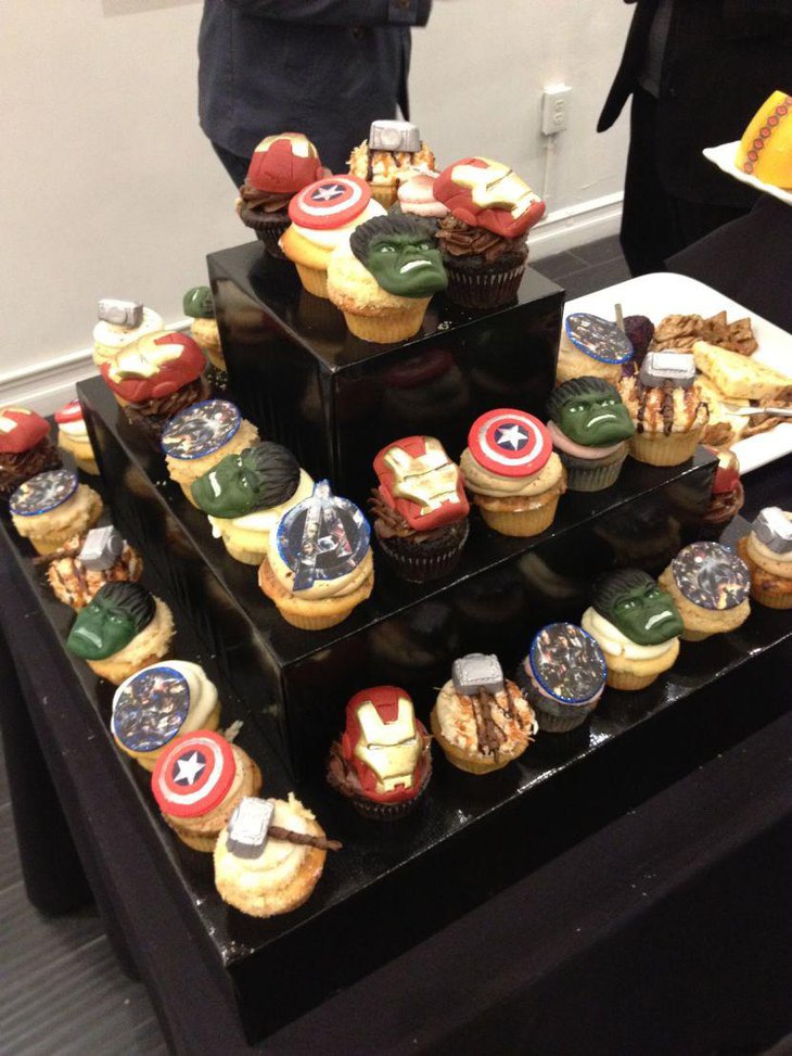Amazing Avengers themed cupcakes on display at kids party table