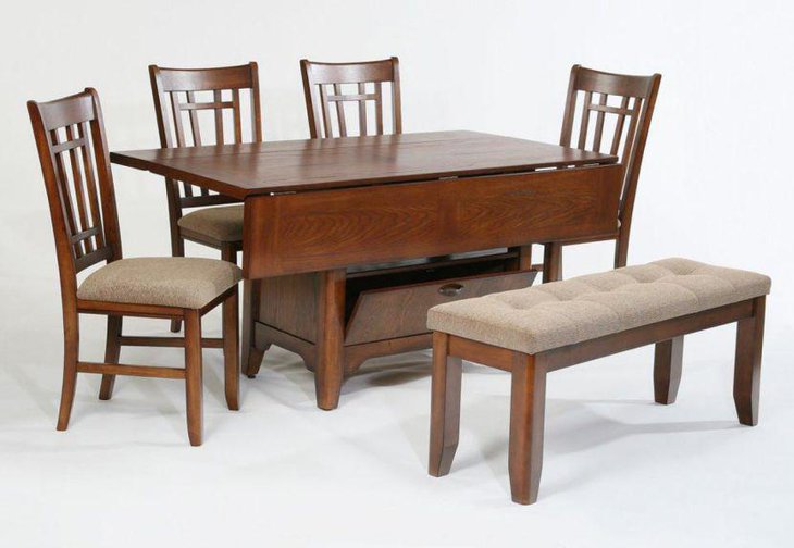 Antique rectangular drop leaf dining table set with four chairs bench and storage