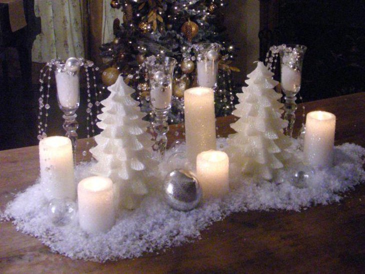 Astonishing snowy candle centerpiece for winter table