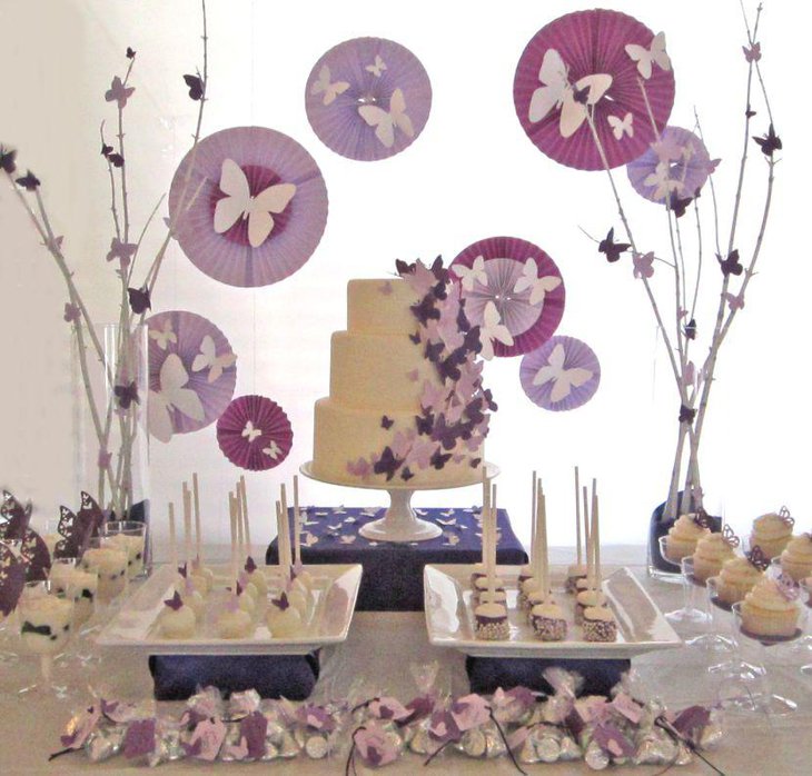 Attractive lavender and purple butterfly themed bridal shower dessert table