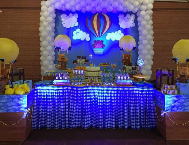 Baby boys birthday table decor with hot air balloon theme
