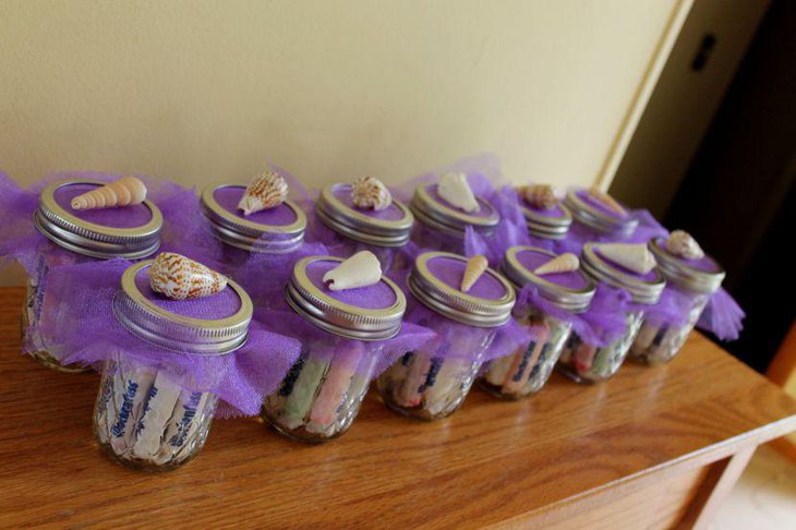 Beach themed purple jar party favors
