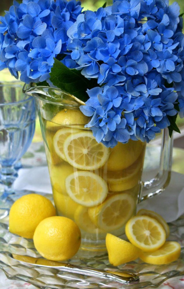 Beautiful blue flowers in jug full of lemon rinds for dinner table decoration