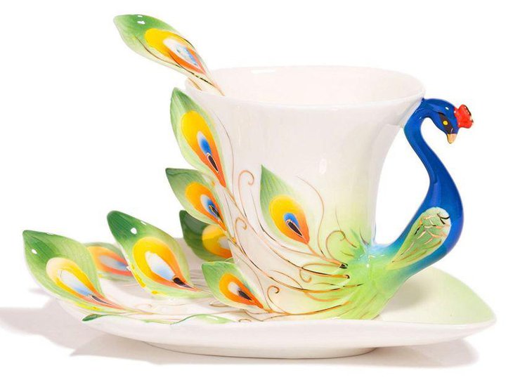 Beautiful ceramic peacock cup and saucer centerpiece