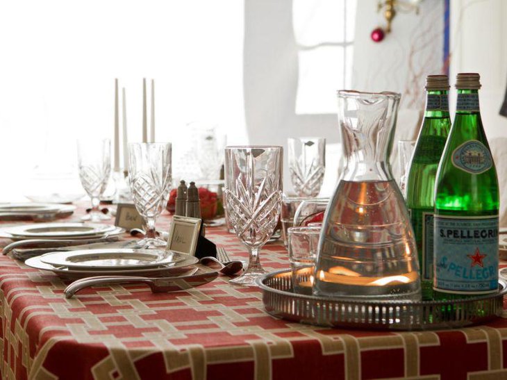 Beautiful party table setting with silver beverage tray