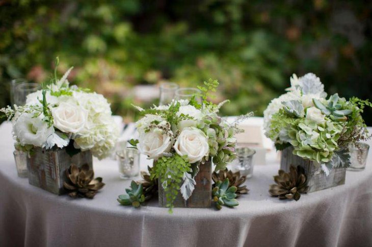 Beautiful Rustic Wedding Table Setting With Wooden Boxes Filled With White Roses