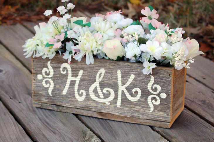 Beautiful Rustic Wooden Box Wedding Table Centerpiece With Flowers