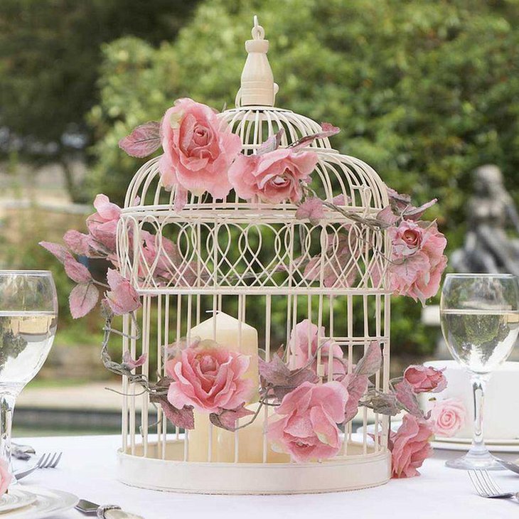 Birdcage Wedding Table Centerpiece With Candle and Pink Roses