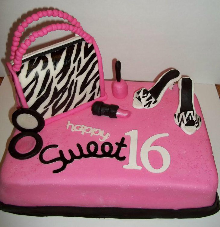 Black and pink sweet 16 birthday cake
