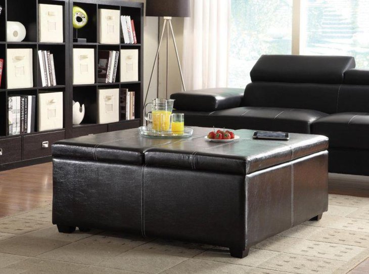 Black leather coffee table with storage space