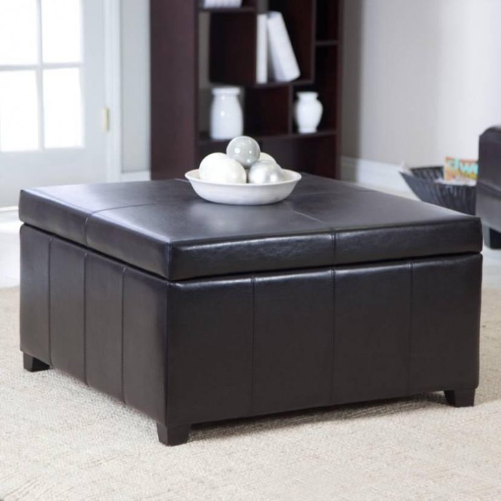 Black Square Leather Coffee Table With Storage Space