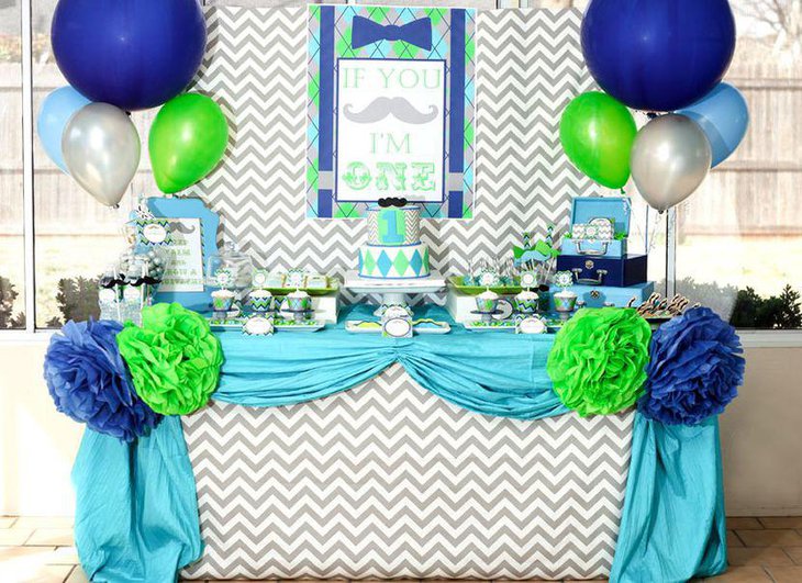 Blue and chevron Little Man Mustache themed first birthday table for boys