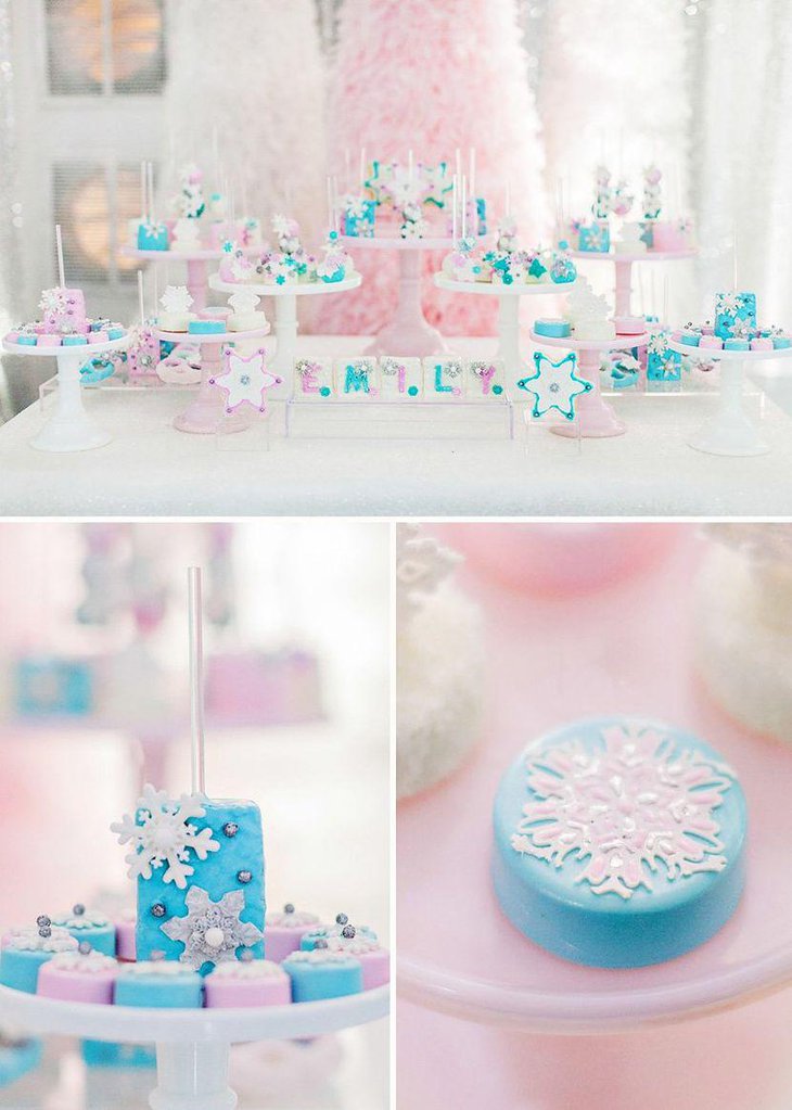 Blue and pink Frozen dessert table decor