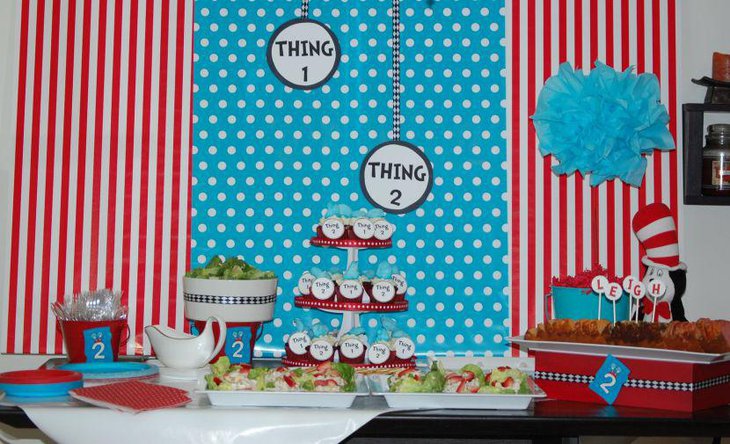 Blue and red themed twin baby shower table decor