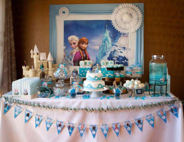 Blue Frozen themed birthday candy table