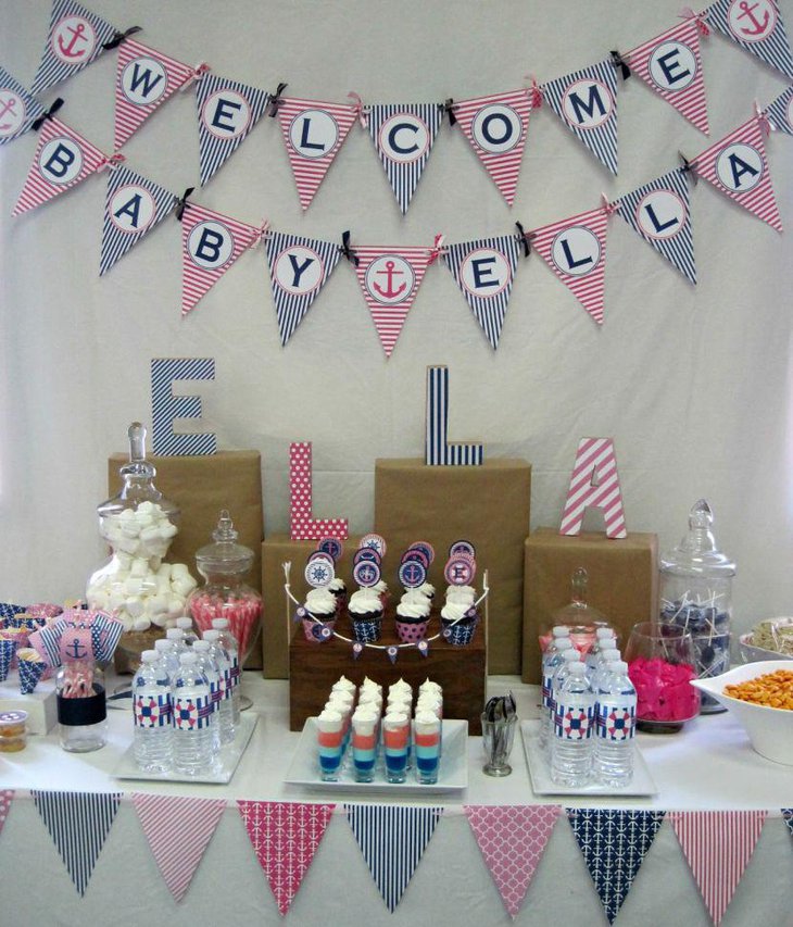 Blue striped nautical baby shower table decor