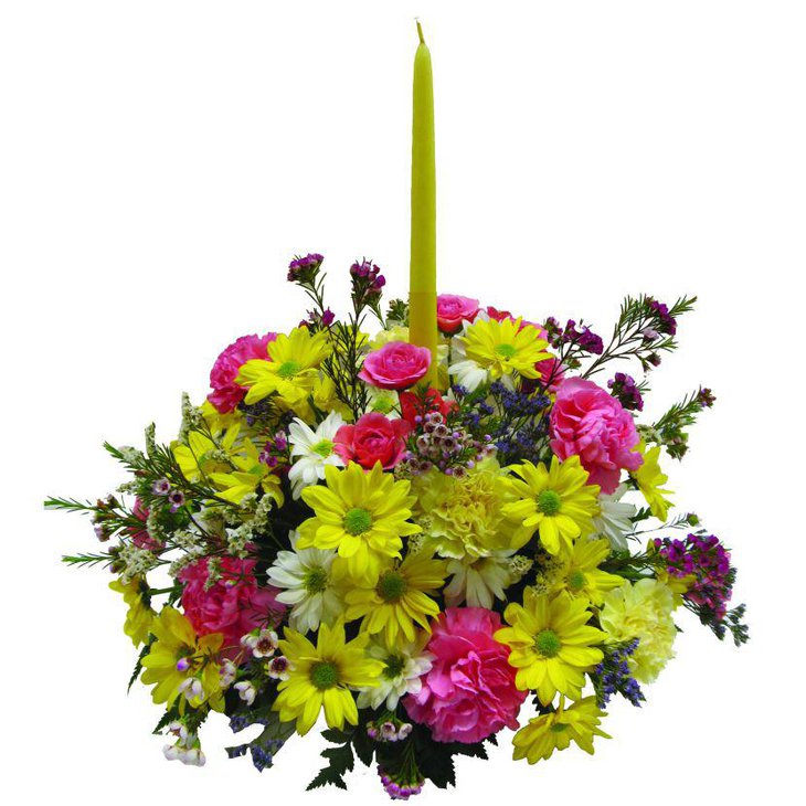 Bright spring candle centerpiece with flowers