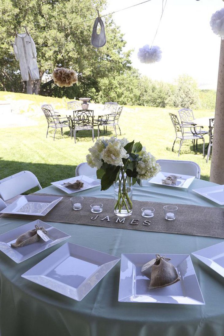 Burlap Table Runner with Sage Centerpiece
