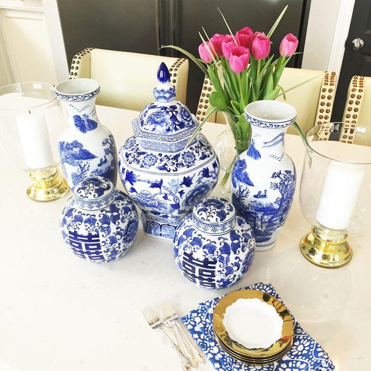 Classy blue and white printed ceramic vase decor on spring table