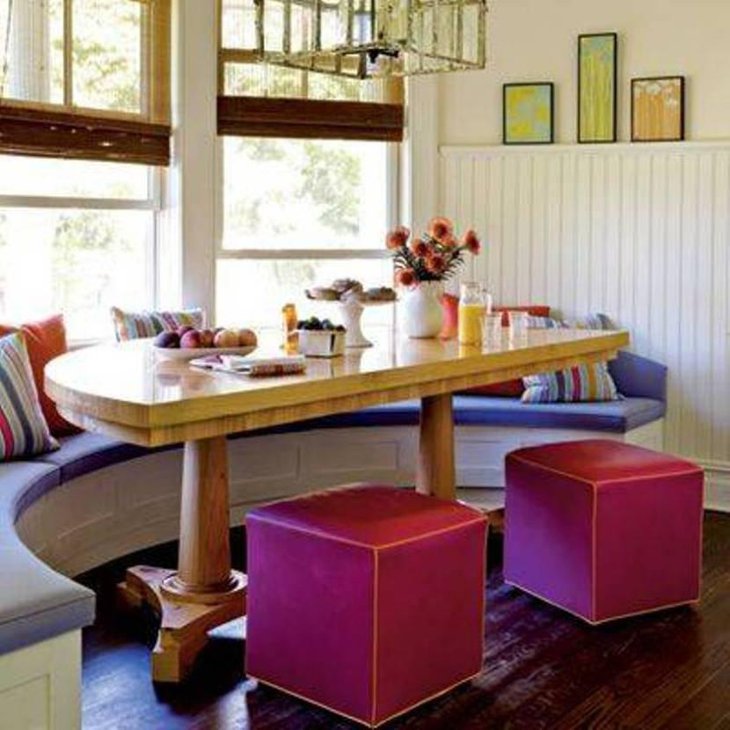 Colorful Breakfast Nook Decorating Ideas With Half Curved Table And Fuschia Benches And Purple Window Seat