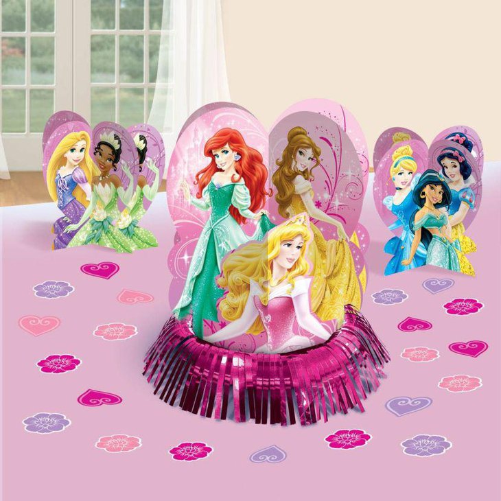 Colorful Disney princess cutouts as centerpieces for birthday party