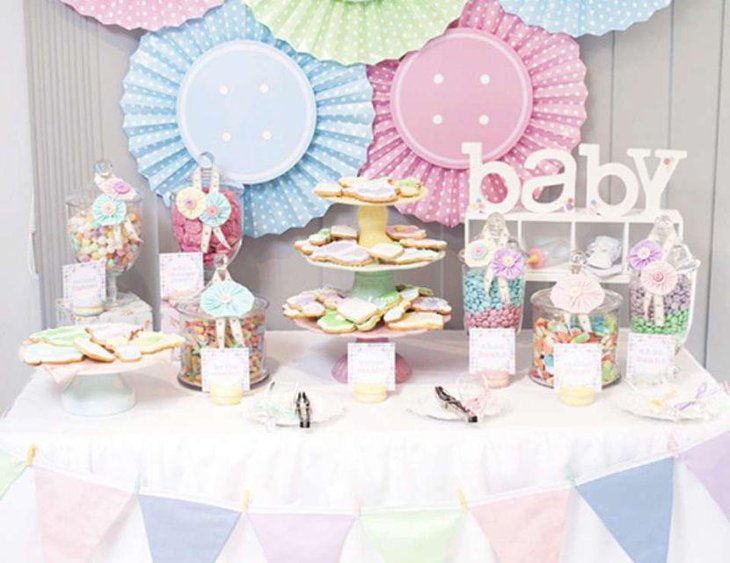 Colourful candy display on baby shower candy table