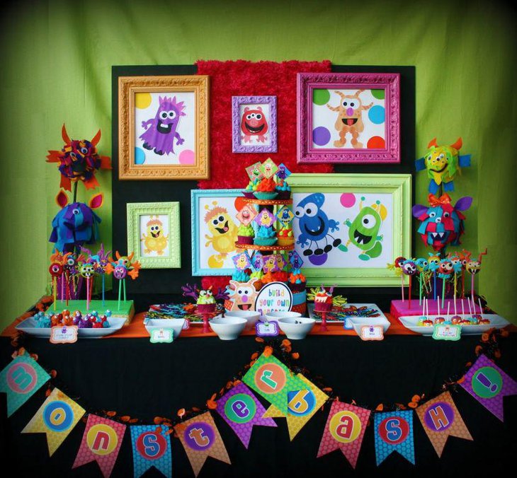 Colourful monster themed kids Halloween party table