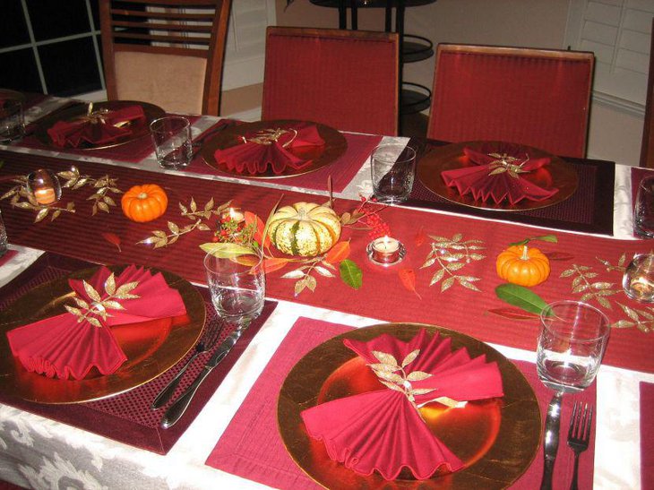Colourful Thanksgiving Table Decorative Idea With Red Silken Runner and Pumpkins