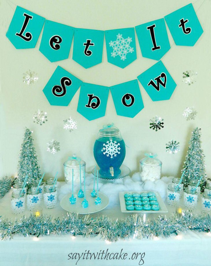 Cool blue and white Christmas candy table decor