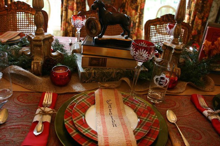 Cozy winter table decor with twine tied napkins and burlap palce card holders