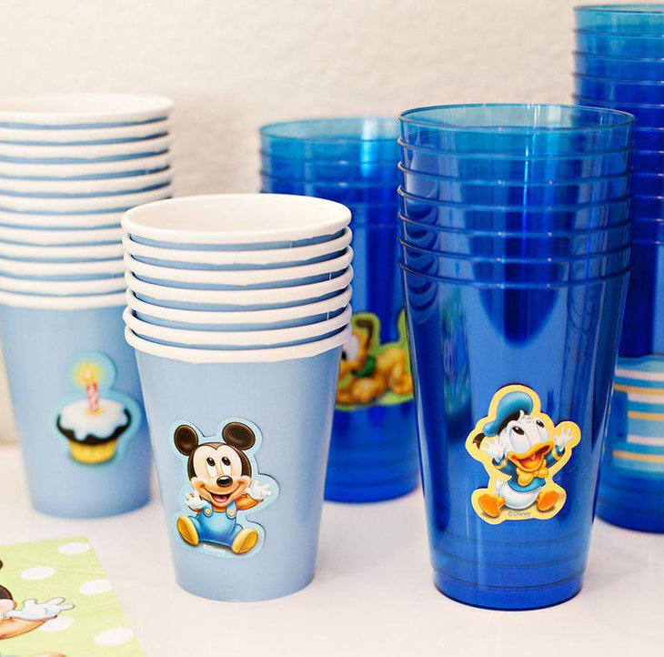 Creative and easy DIY baby Mickey embossed cups on birthday table
