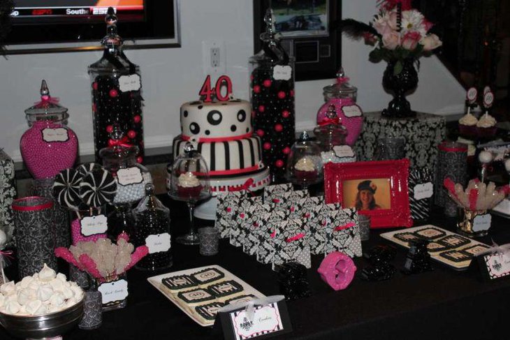 Cute 40th birthday party table decor with pink and black accents