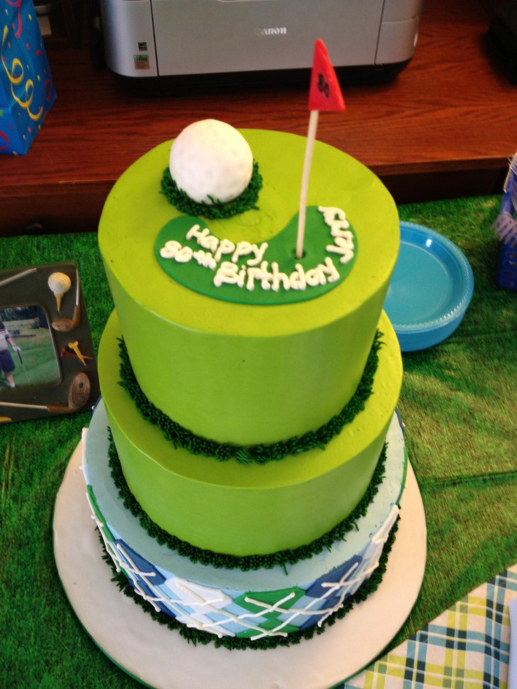 Cute 80th birthday cake centerpiece themed on golf
