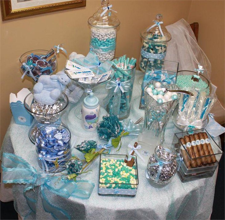 Cute baby blue candy table for baby shower