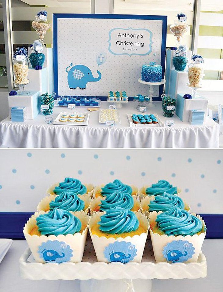 Cute blue elephant candy table for Christening