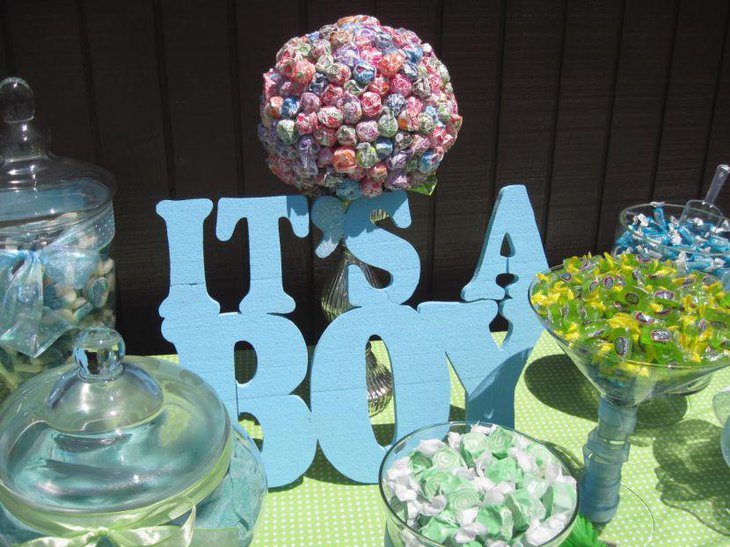 Cute blue themed baby boy shower candy table decor