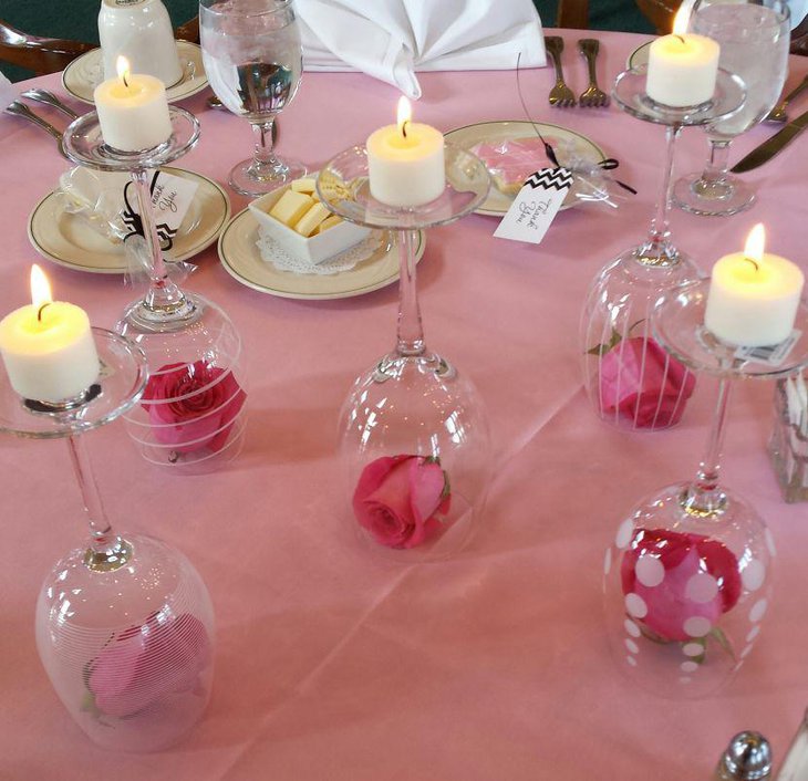 Cute DIY Upside Down Wine Glasses With Roses and Candles