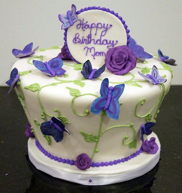 Cute mom birthday cake centerpiece with purple butterfly decorations