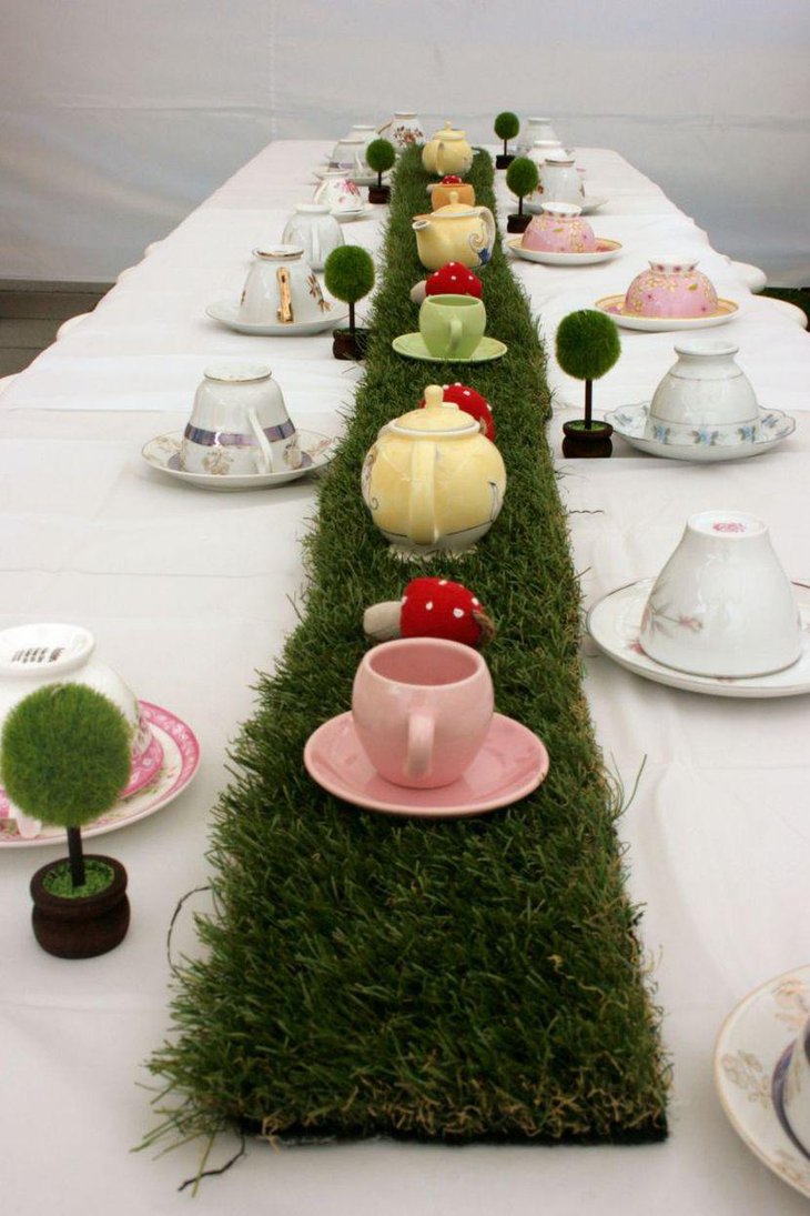 Cute tea party table decorations with Alice in Wonderland theme