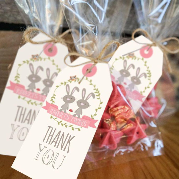 Cute thank you favor packets displayed for a twin baby shower
