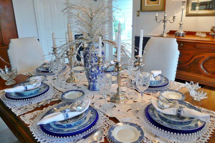 Decorative silver and blue formal party table setting