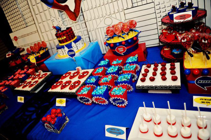 Delicious dessert table for Spiderman Birthday party