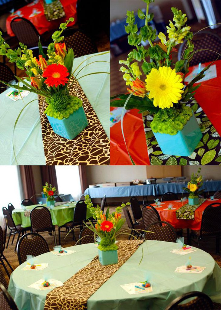 Distinctive Animal Print Table Runners with Floral Centerpieces