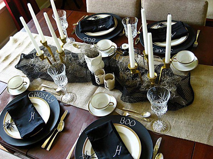DIY Halloween tablescape with candles and burlap decor