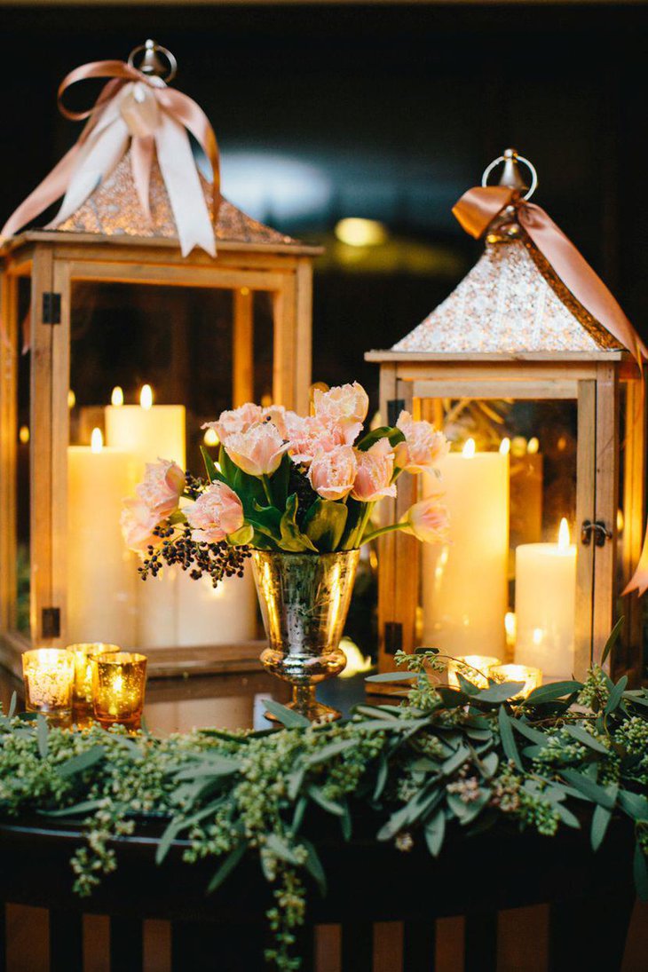 DIY lantern and candle spring table centerpiece